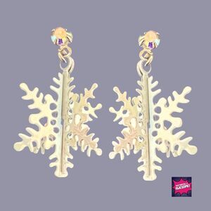 Vintage Rhinestone Accent Iridescent Snowflake Earrings - Avon - Never Worn